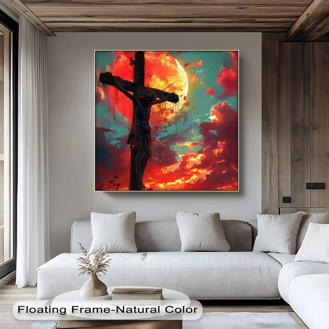 Crimson Redemption – Jesus on the Cross at Sunset Canvas Print
