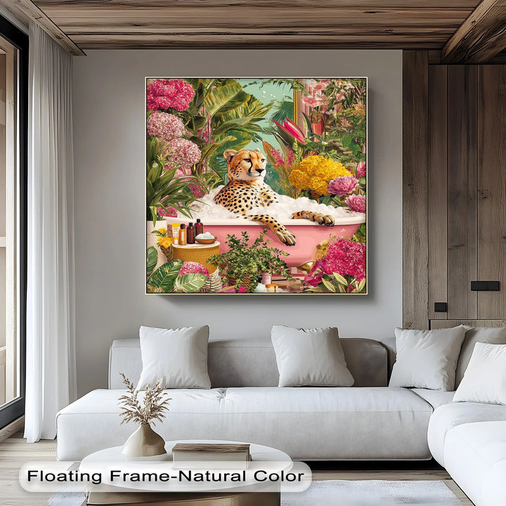 Cheetah in Pink Bathtub – Whimsical Jungle-Inspired Canvas Print - MyPhotoStation