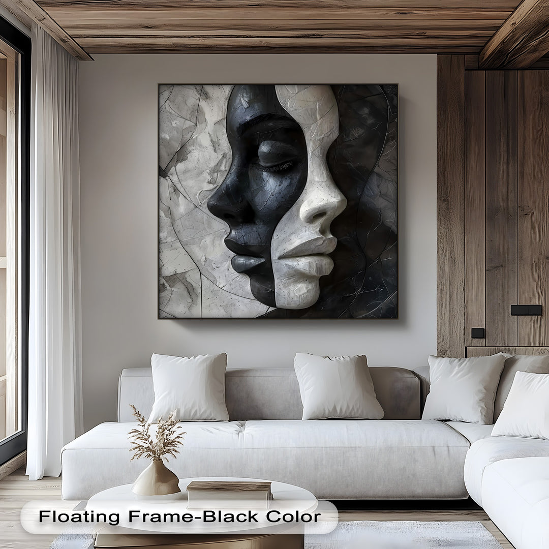 The crisp black border elegantly frames the contrasting faces canvas art, emphasizing its modern abstract edges and distinct style.