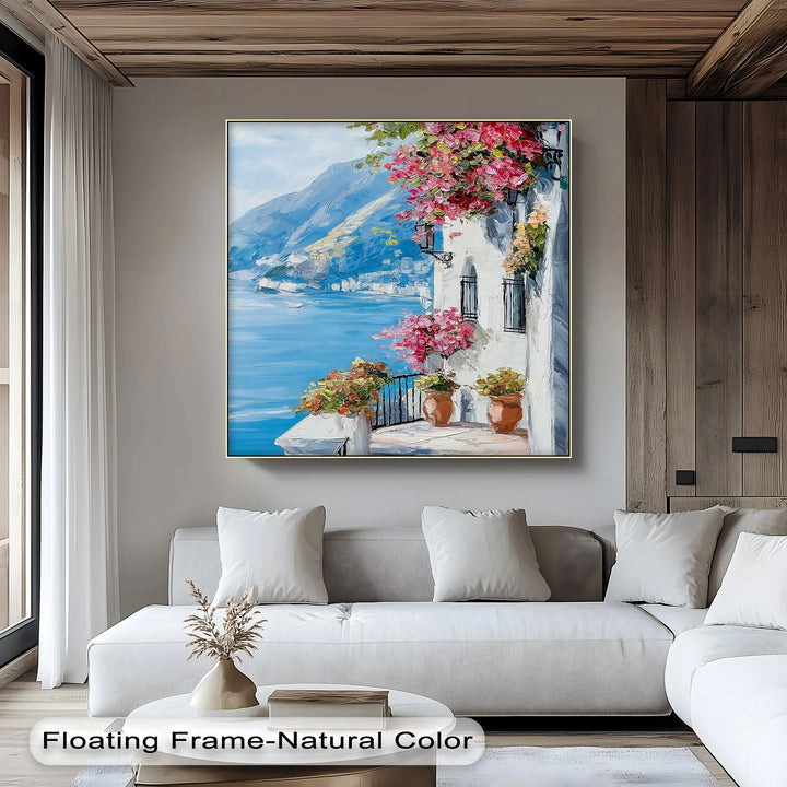 Sunlit Balcony by the Amalfi – Seaside Floral Canvas Print