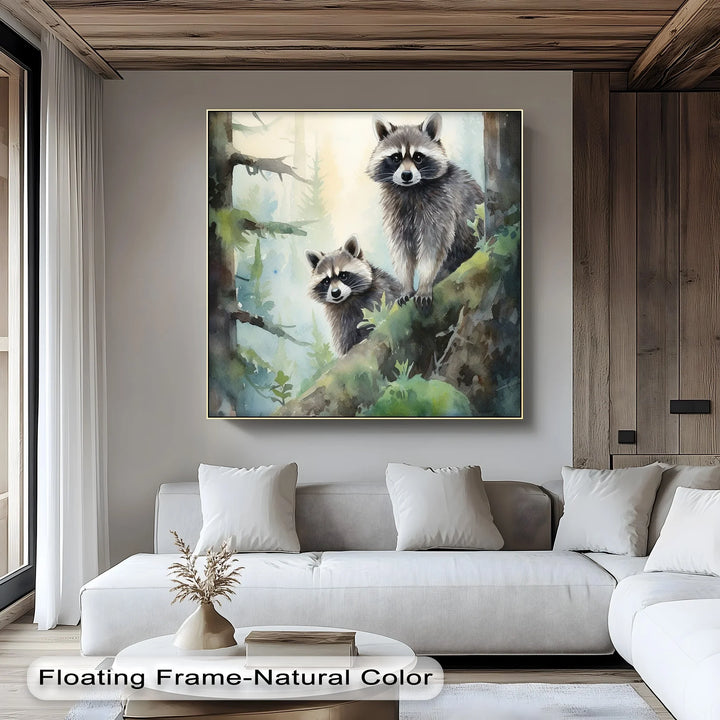 Curious Companions – Raccoons in Forest Animal Canvas Print - MyPhotoStation