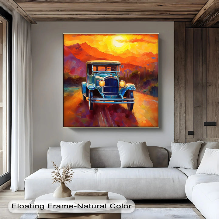 Sunset Journey – Vintage Car on Painted Desert Road Canvas Print - MyPhotoStation