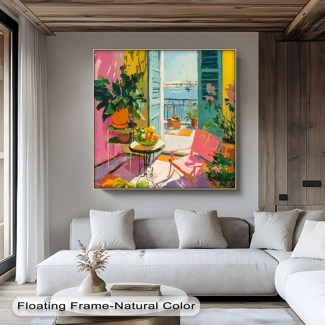 Organic curves and flowing lines define this colorful Mediterranean balcony framed canvas art print, depicting fruit, potted plants, and an ocean view.