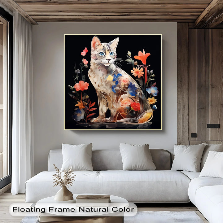 Botanical Gaze – Floral Patterned Cat with Blue Eyes Cat Canvas Print - MyPhotoStation