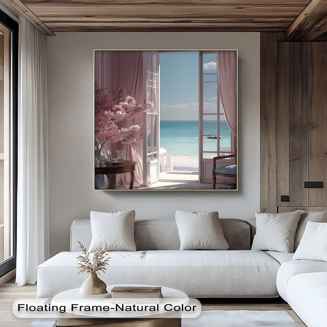 Seaside Serenity – Elegant Room with Ocean View Canvas Print