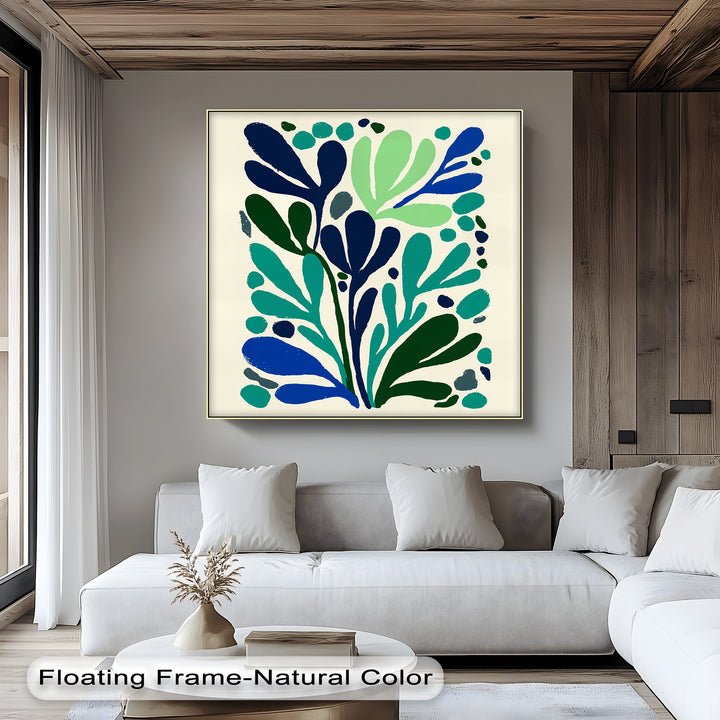 Subtle gray backdrop offsets the modern blue botanical canvas print, accentuating the minimalist abstract leaf wall art, making it one of the best canvas prints.