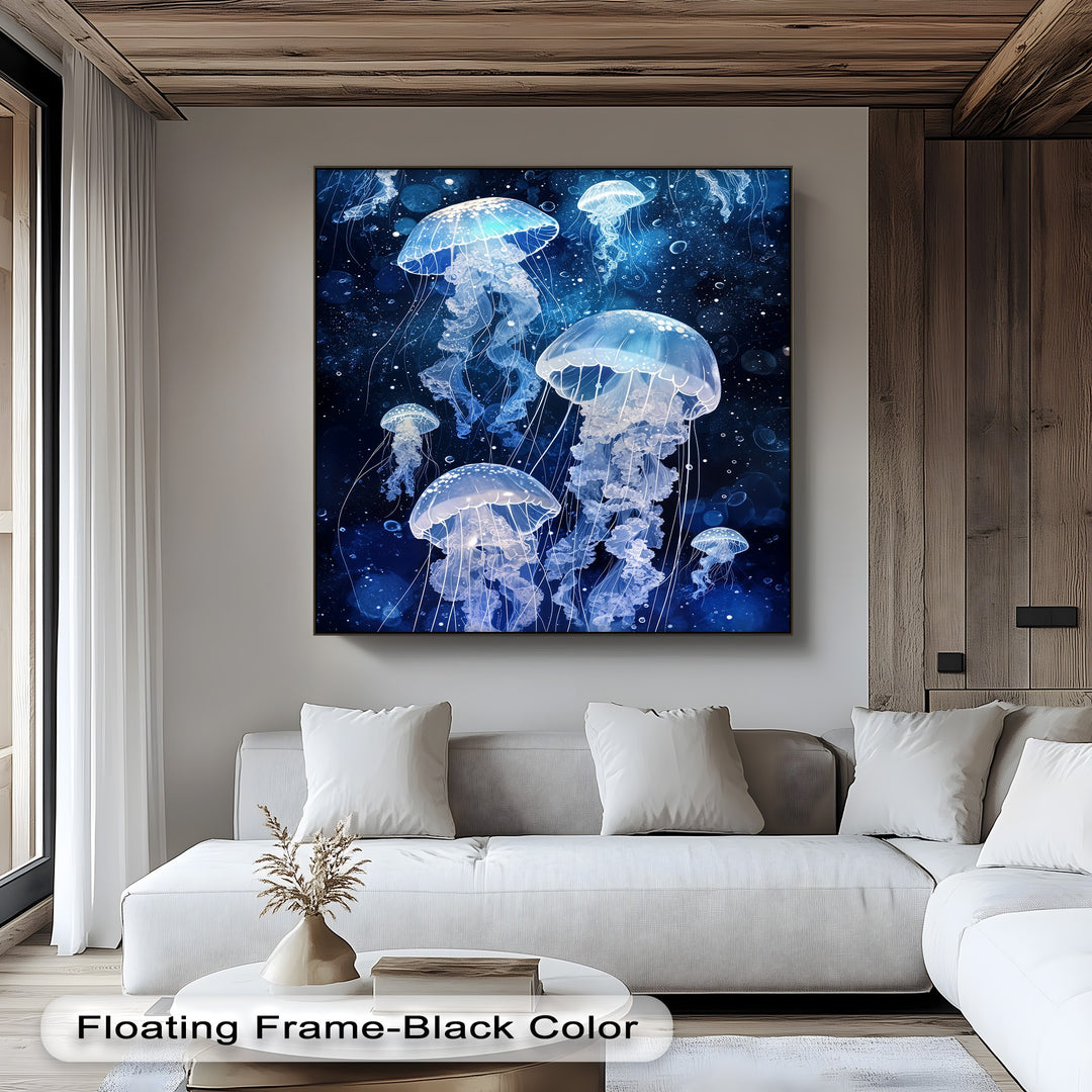 The stillness of the deep blue ocean is captured in this luminous jellyfish canvas painting, showcasing serene underwater life.