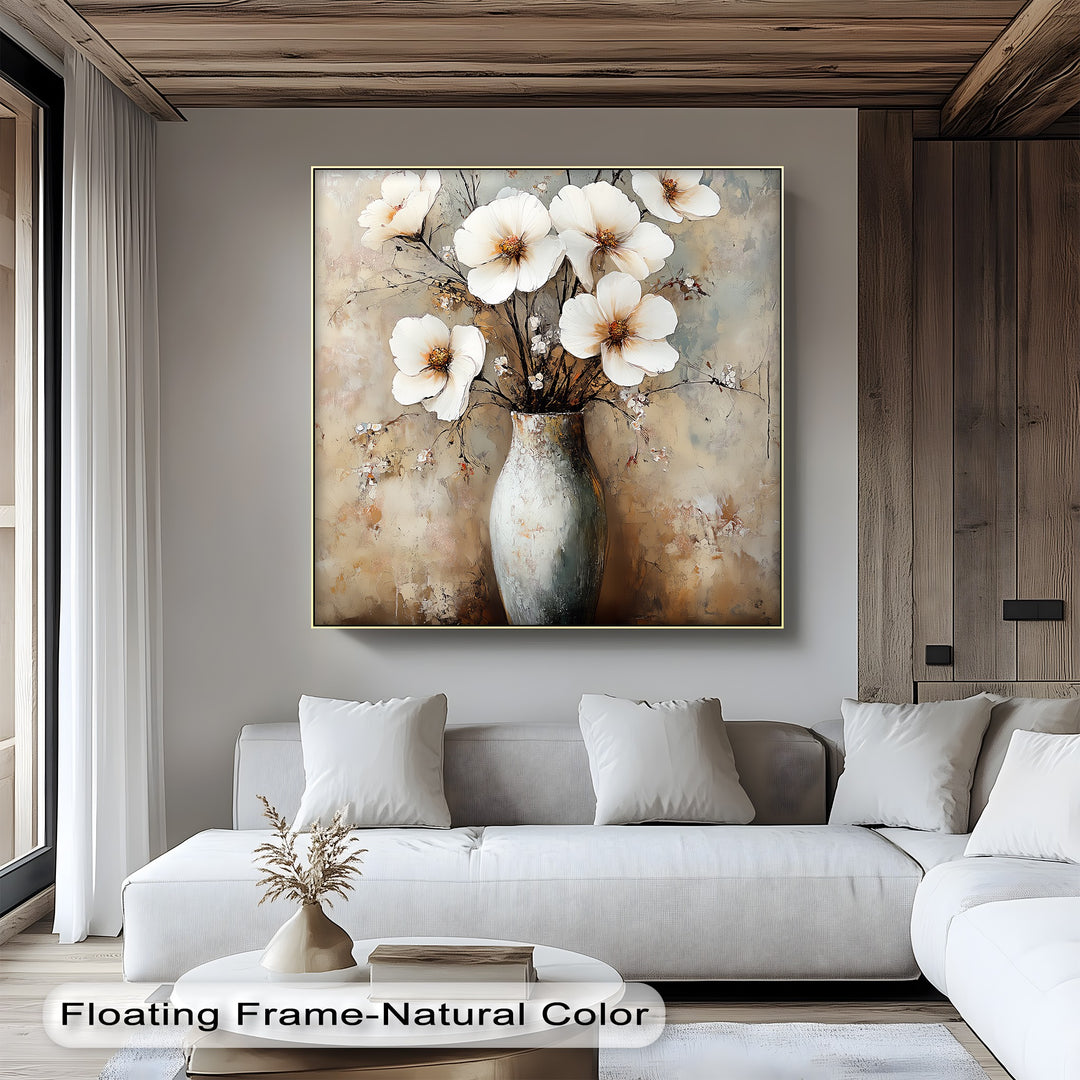 Vintage Bloom Still Life – White Flowers in Vase Canvas Print