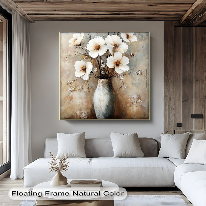 Vintage Bloom Still Life – White Flowers in Vase Canvas Print