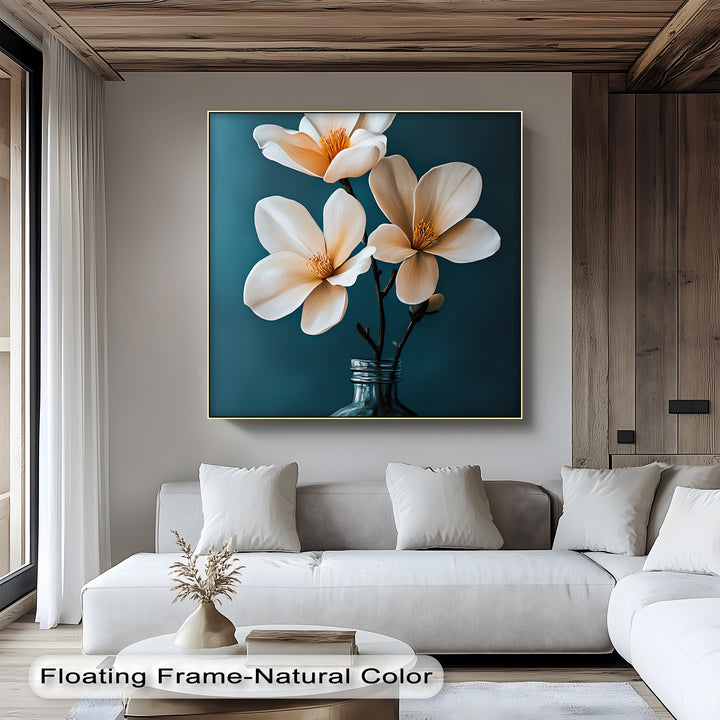 White Magnolia Trio in Teal – Elegant Floral Canvas Prints