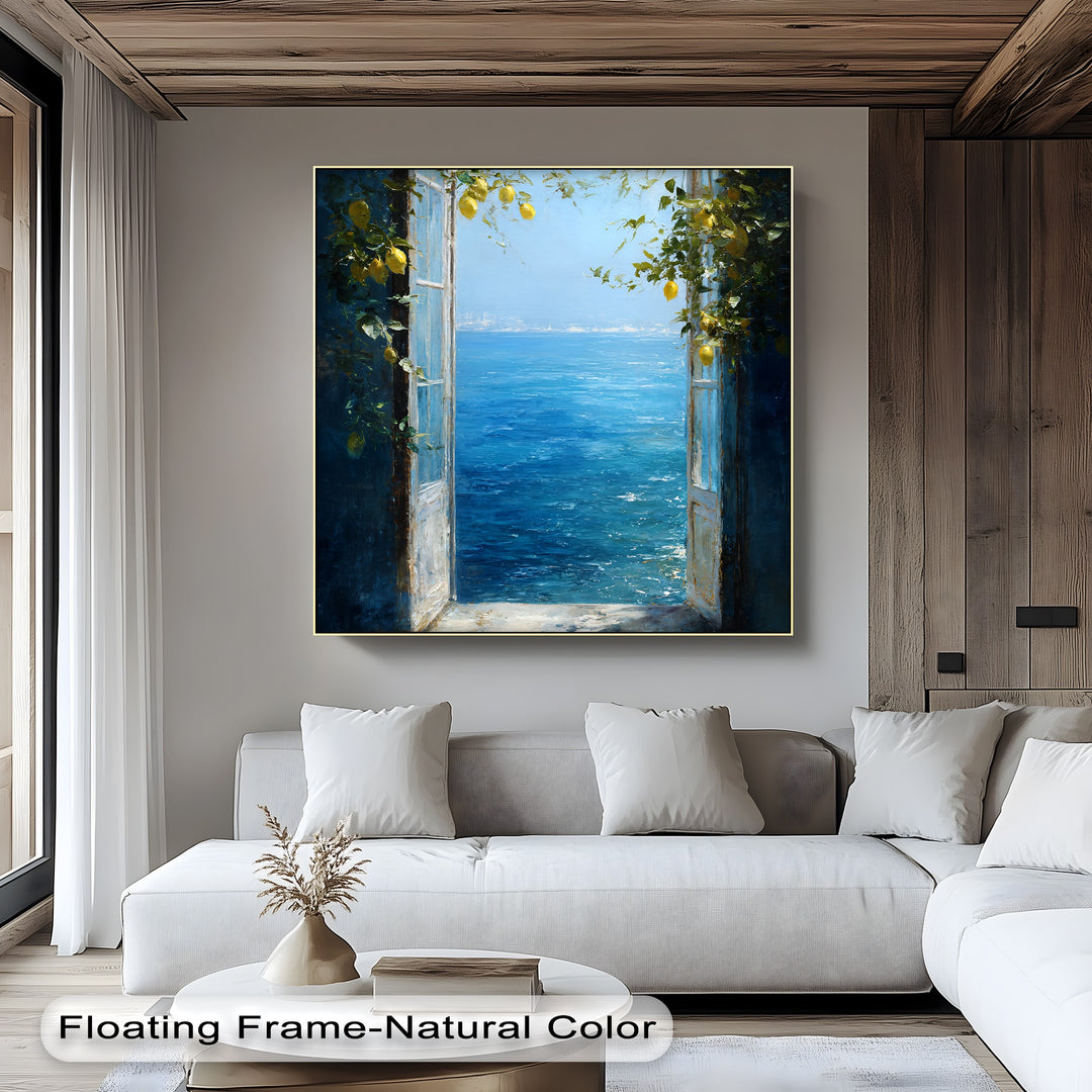 Vibrant blues of the sea create a striking color contrast against the pale lemons in this Mediterranean Lemon Window unique canvas print.