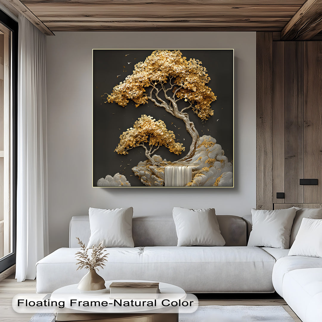 Golden Cascades – Abstract Tree and Waterfall Canvas Print
