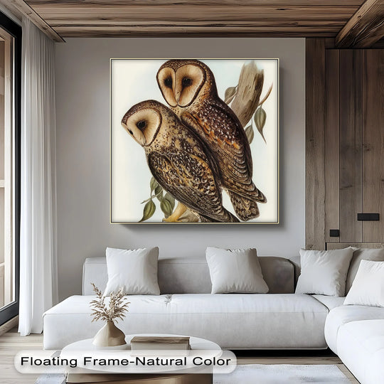 Brown is the dominant color in this vintage barn owls illustration, a unique canvas print featuring elegant owls perched on a branch.