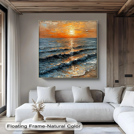 Light and shadow play across the textured surface of the Golden Horizon sunset seascape, highlighting the brilliant colors of the high quality canvas prints.