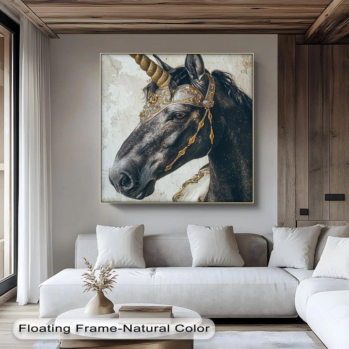 Regal Black Unicorn with Golden Armor – Fantasy Animal Canvas Print - MyPhotoStation