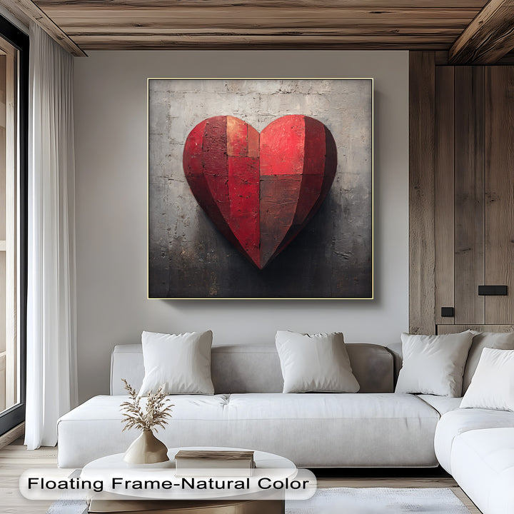 The darkest area of the rustic red heart canvas artwork emphasizes the textured details against the industrial-style backdrop of this love wall art.