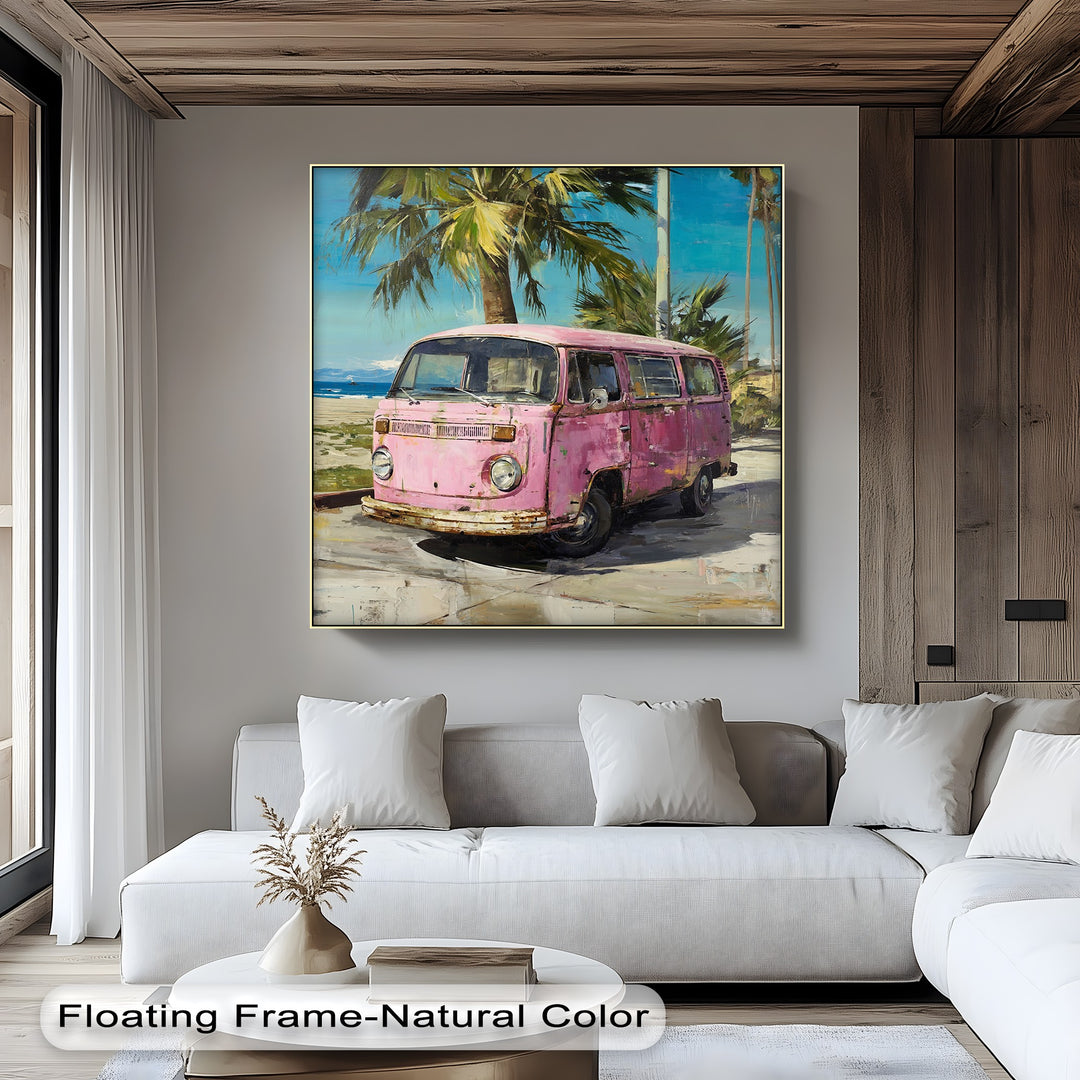 Pink Paradise Ride – Vintage Van by the Beach Canvas Print