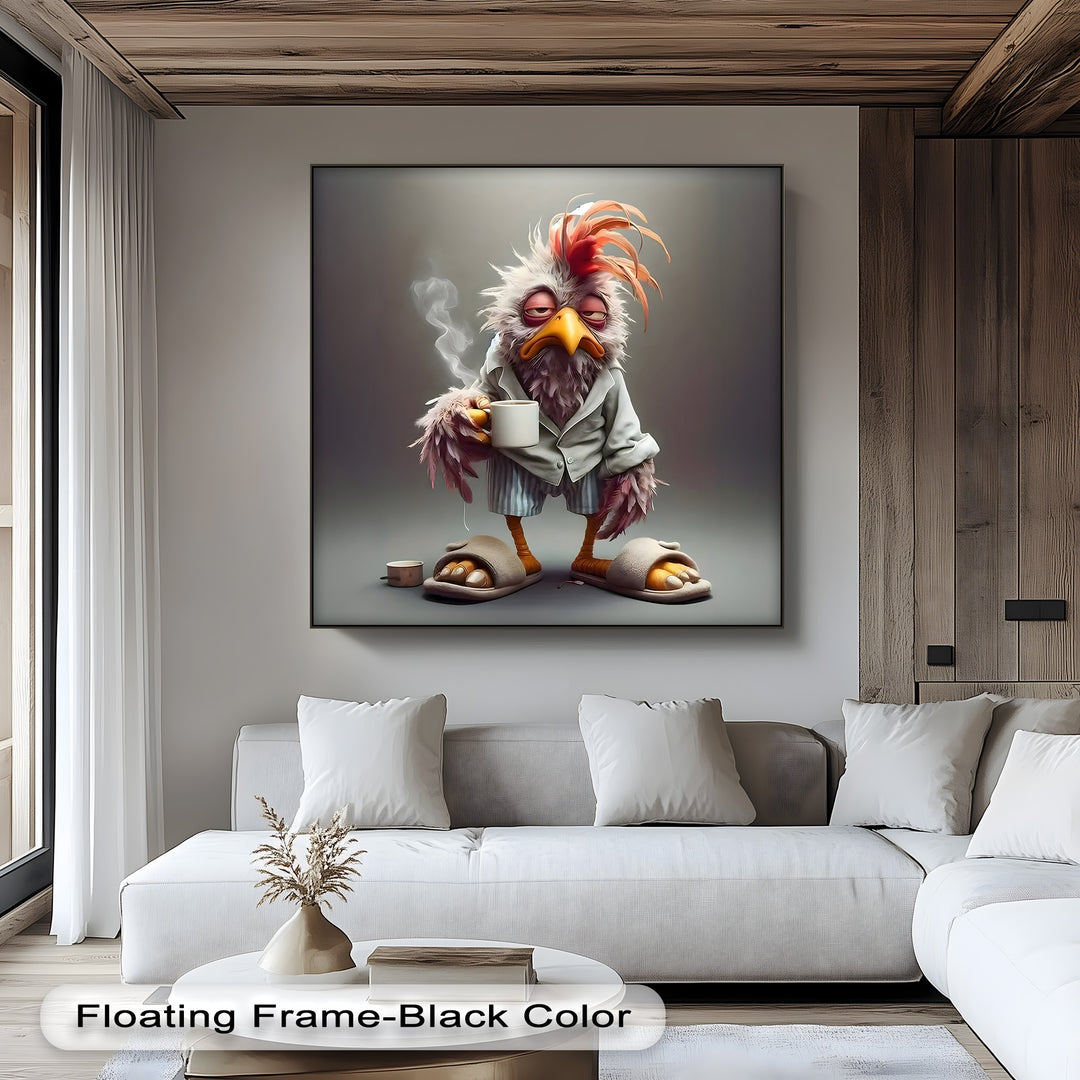 The room's background highlights a wooden ceiling, a gray wall with Morning Grump Bird canvas art prints, and a plush white sofa.