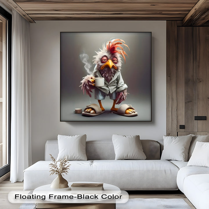 The room's background highlights a wooden ceiling, a gray wall with Morning Grump Bird canvas art prints, and a plush white sofa.