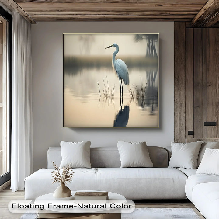 Misty Morning Heron – Serene Lakeside Reflection Canvas Print - MyPhotoStation