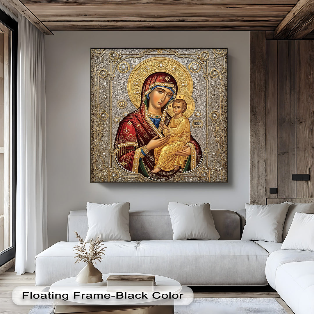 Ornate gold details on the Virgin Mary and Child hanging canvas create a flowing sense of movement across this stunning Christian icon wall art.