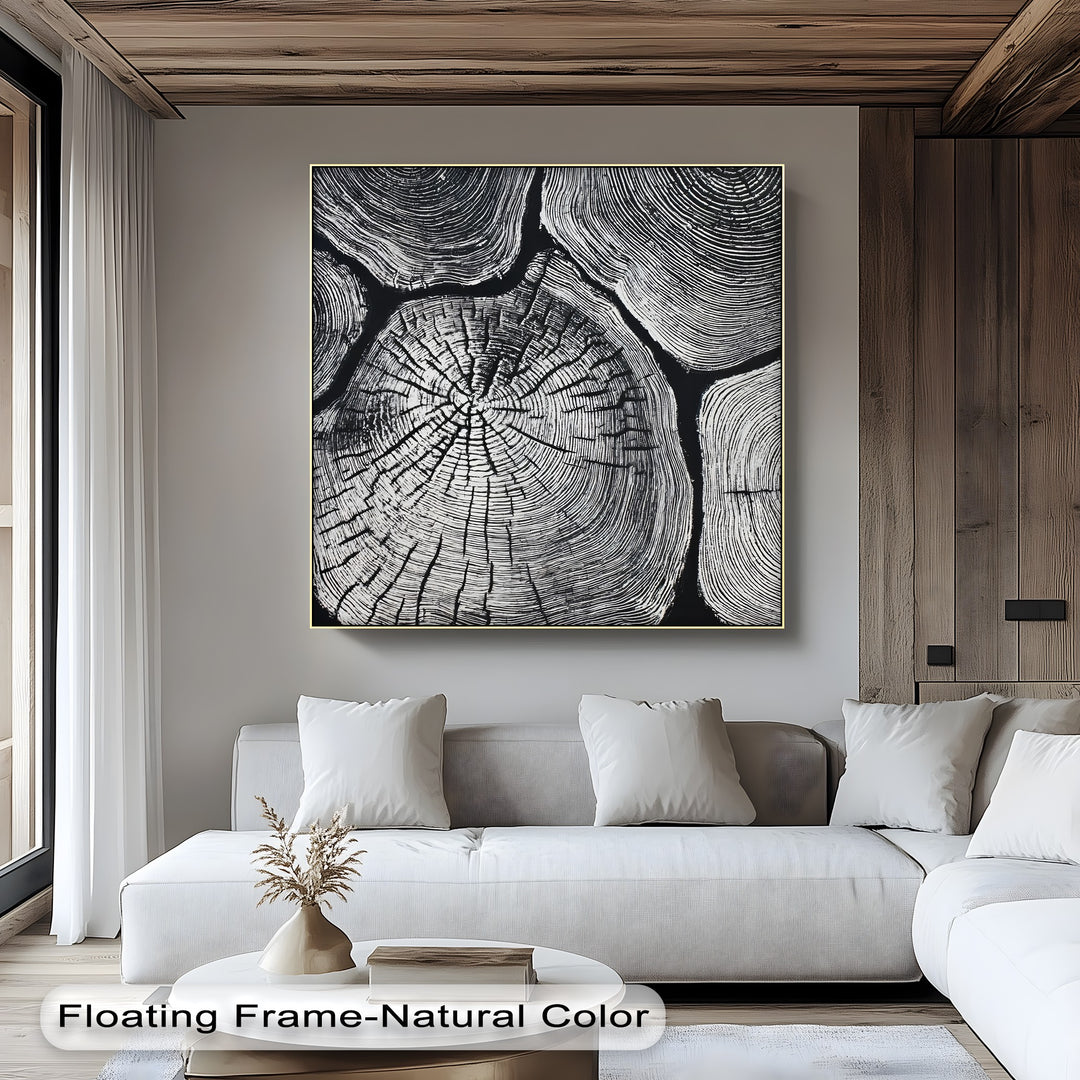 Featuring a clean, gallery-worthy finish, this black and white wood texture canvas print showcases striking minimalist tree ring wall art as a set of canvas pictures.