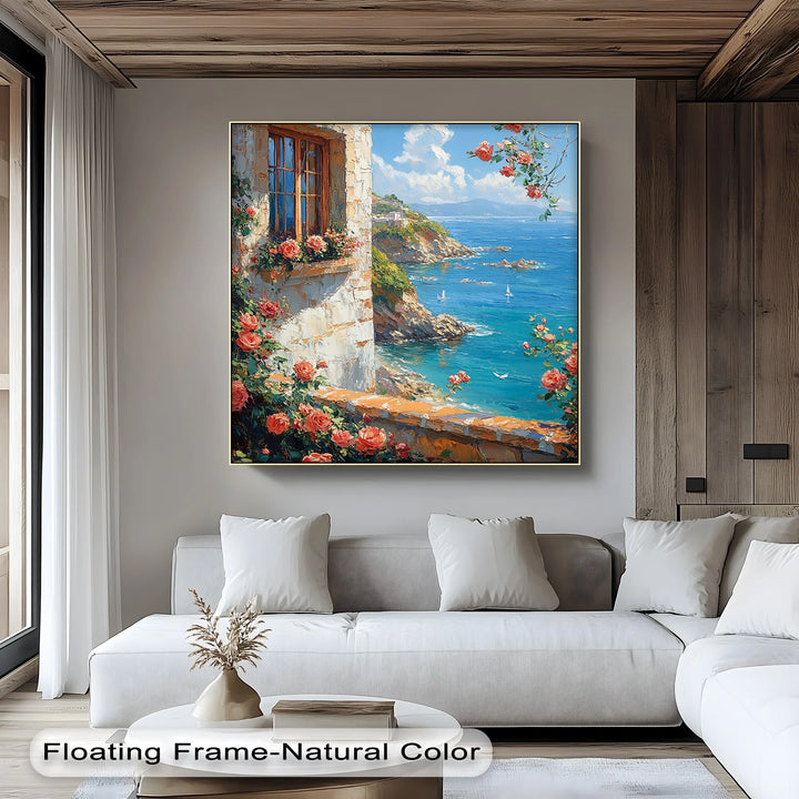 Seaside Roses View – Mediterranean Coast Window Canvas Print - MyPhotoStation