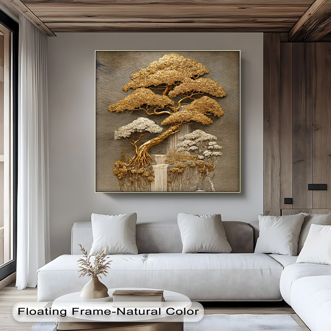 Golden Harmony – Layered Bonsai Trees and Waterfall Canvas Print