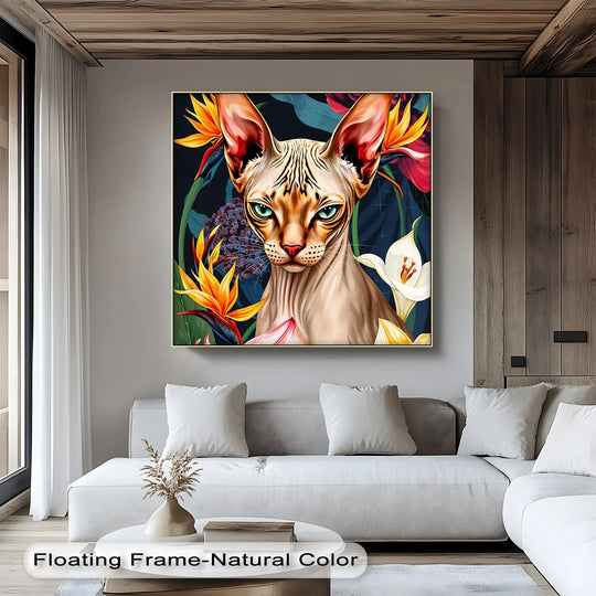 The natural floating frame enhances the finish of this high quality canvas prints depicting a 'Mystique in Bloom – Sphynx Cat with Tropical Flowers' canvas print.
