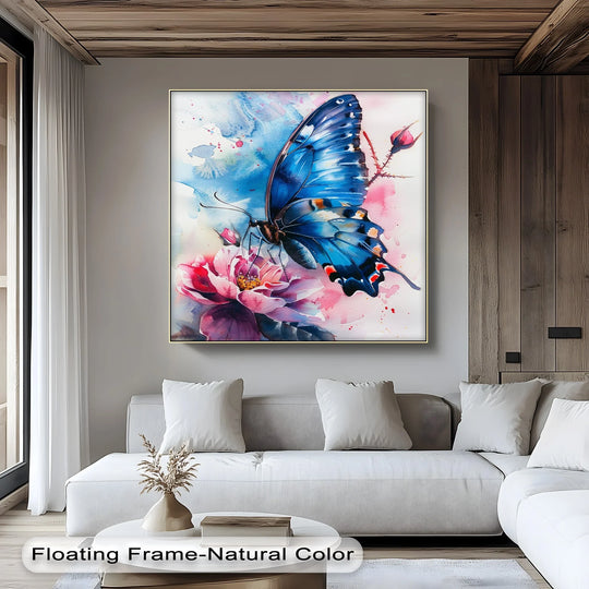 Floating frame finish on this 'Blue Grace – Butterfly on Bloom Animal' canvas art print highlights the texture and enhances the visual appeal of this canvas art.