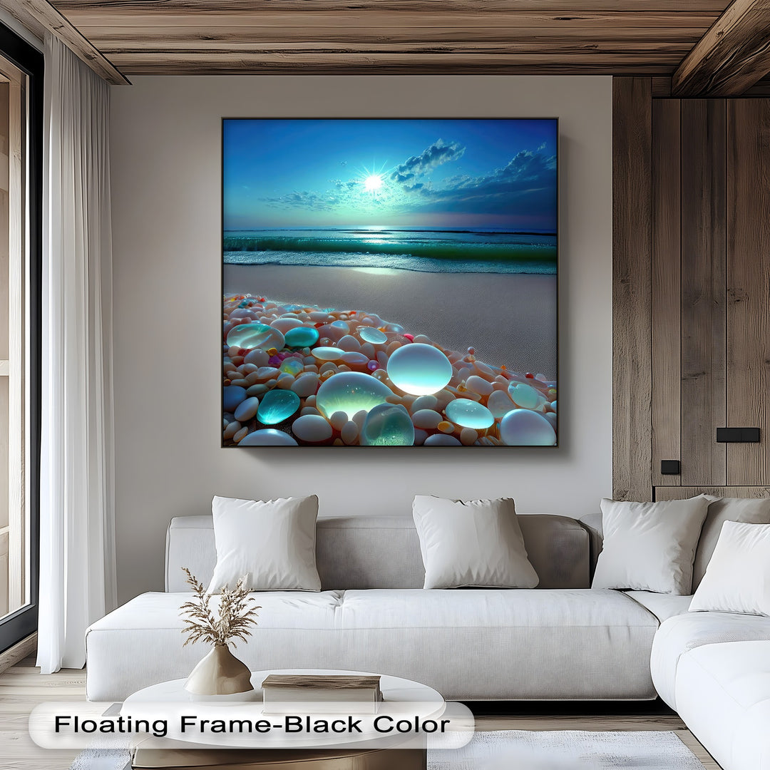 The central subject is a captivating canvas painting depicting a radiant sunset over a beach with luminous, multicolored pebbles and gentle surf.