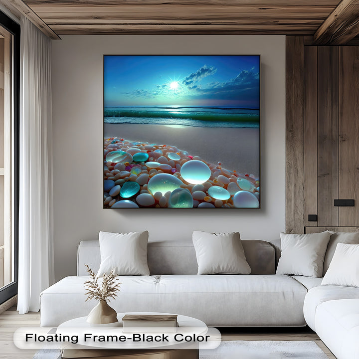 The central subject is a captivating canvas painting depicting a radiant sunset over a beach with luminous, multicolored pebbles and gentle surf.