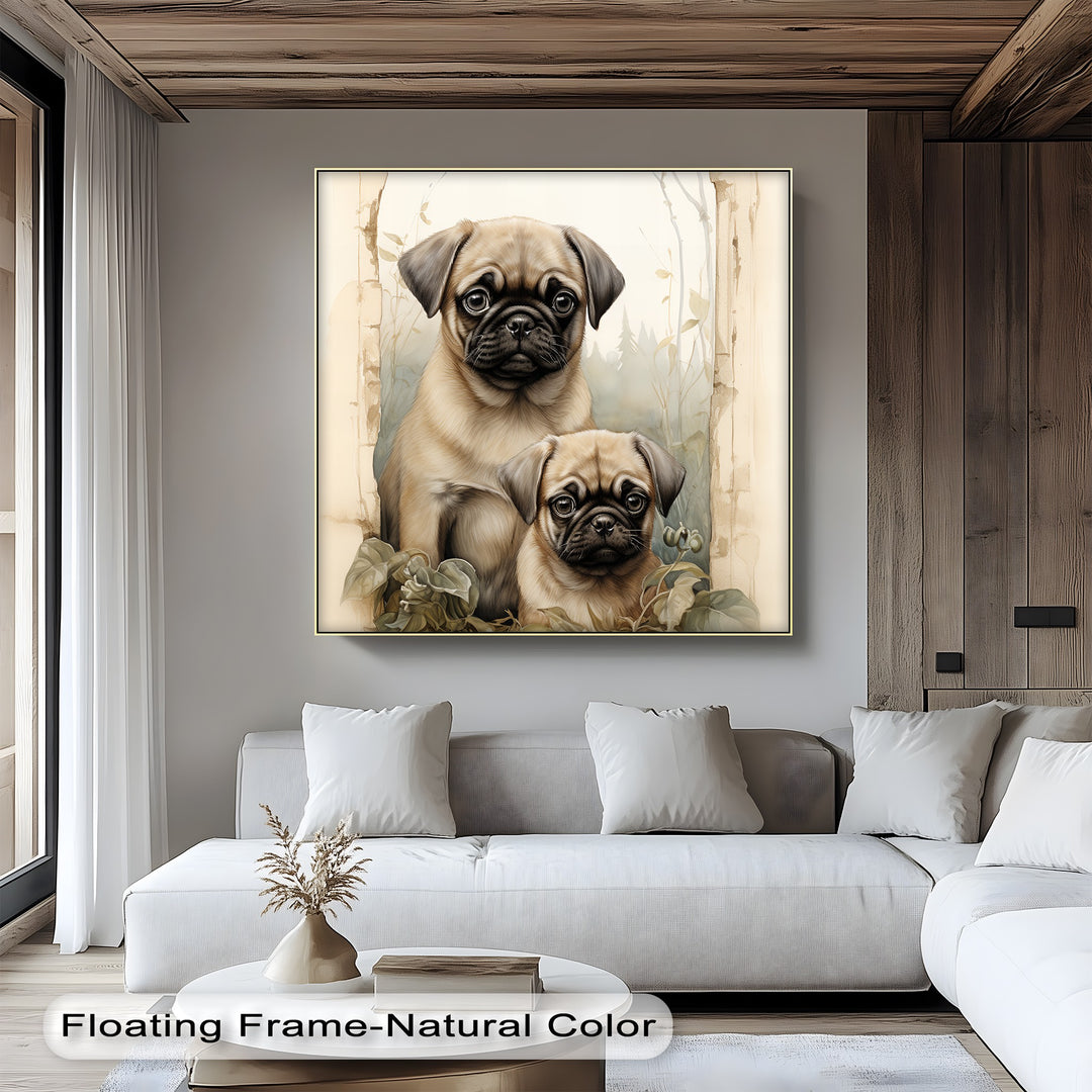 Twin Pug Companions – Vintage Botanical Style Puppies Canvas Print