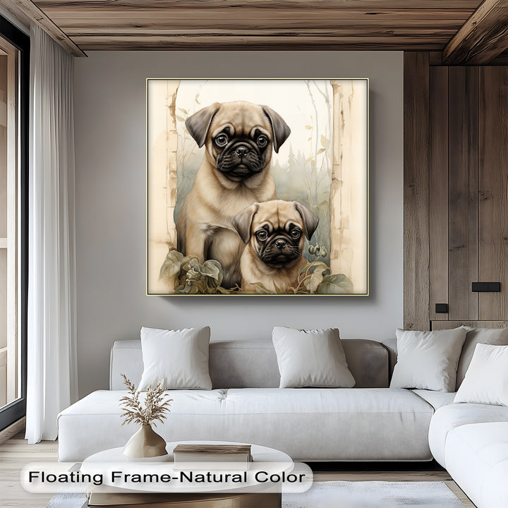 Twin Pug Companions – Vintage Botanical Style Puppies Canvas Print