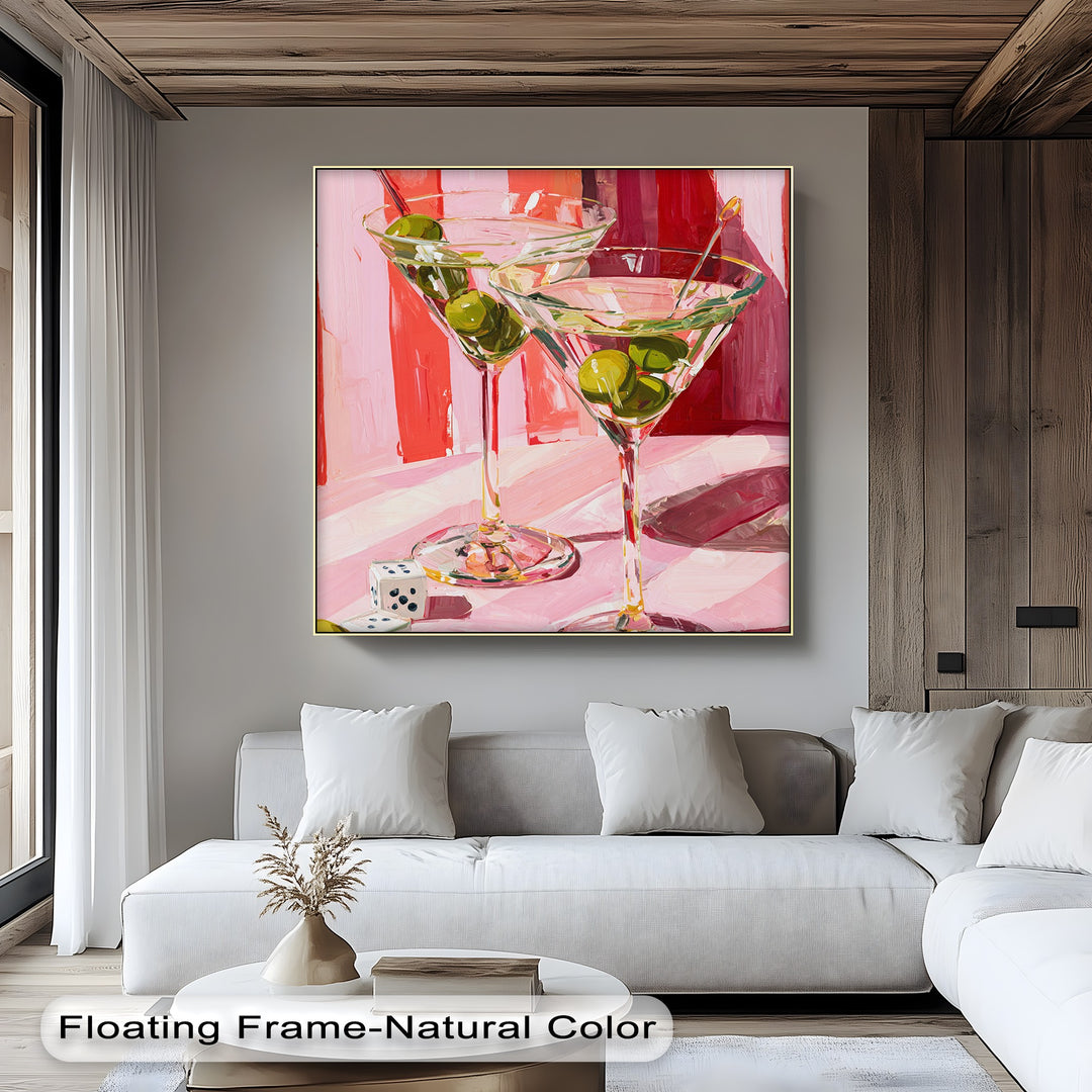 Alternating red and pink stripes create a visual rhythm in this pink martini cocktail canvas wall art, offering modern sophistication to your home bar decor.