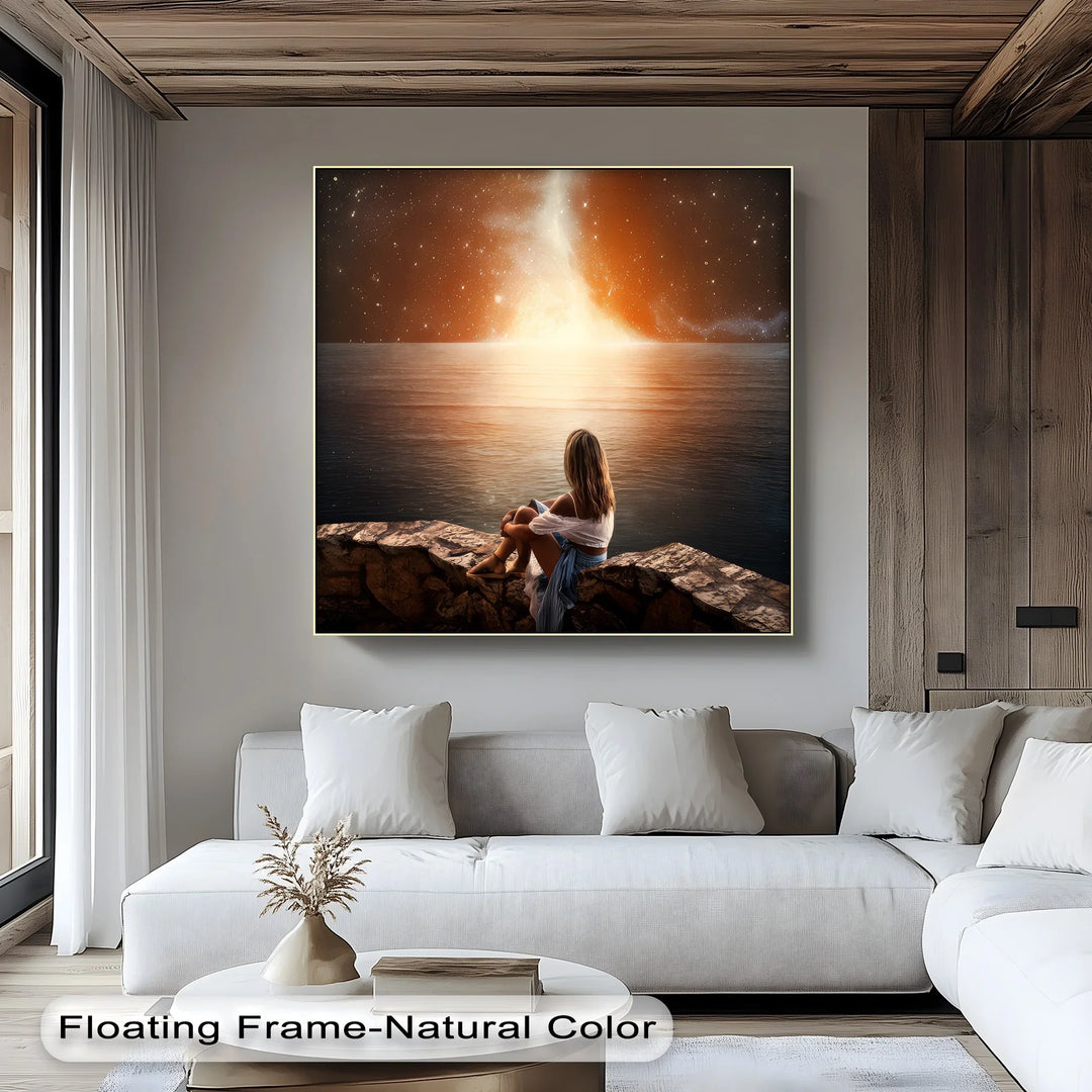 Cosmic Reflection – Stargazing Woman by the Ocean Canvas Print