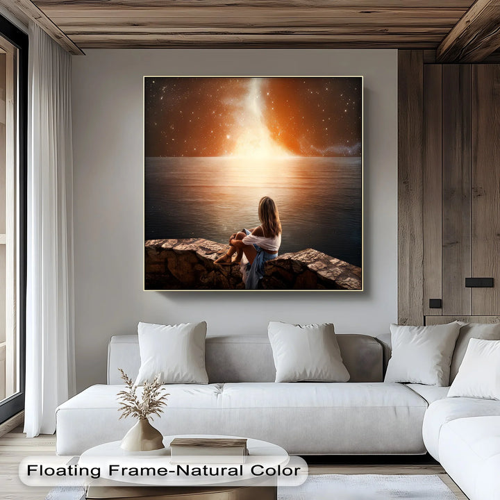 Cosmic Reflection – Stargazing Woman by the Ocean Canvas Print