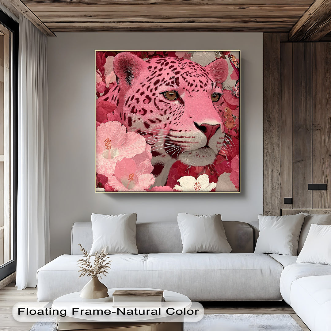 Blush Predator – Pink Leopard in Hibiscus Jungle Canvas Print