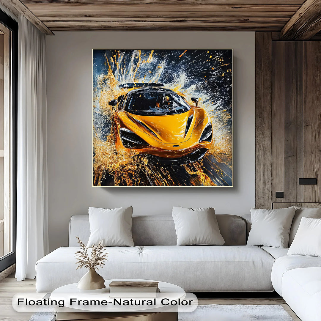 Velocity Splash – Yellow Supercar in Liquid Motion Canvas Print - MyPhotoStation