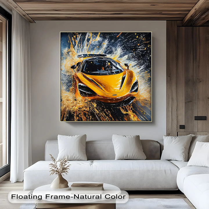Velocity Splash – Yellow Supercar in Liquid Motion Canvas Print - MyPhotoStation