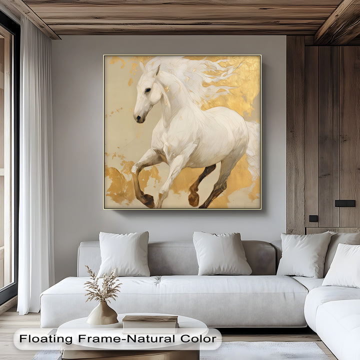 Celestial Charge – Golden White Horse Fantasy Canvas Print