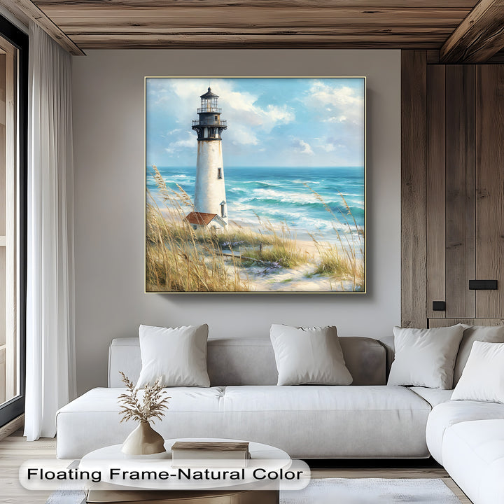 High color saturation enhances the coastal lighthouse canvas painting, emphasizing the serene beach landscape wall art with bright sky and golden dunes.