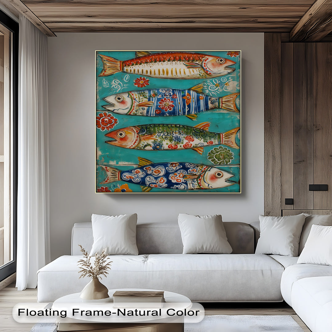Central subject presents a lively colorful folk fish premium canvas decor print featuring decorative fish with floral patterns on a serene turquoise backdrop.
