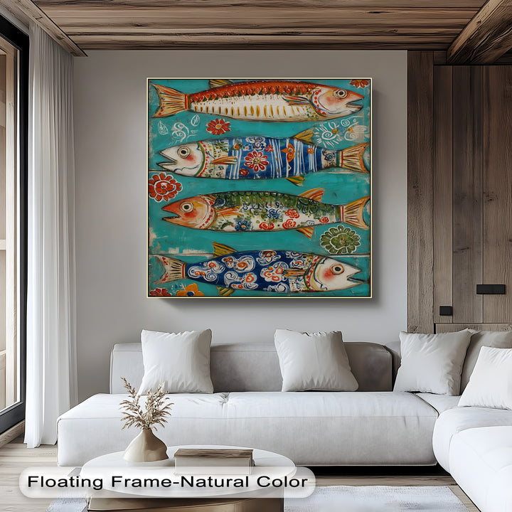 Central subject presents a lively colorful folk fish premium canvas decor print featuring decorative fish with floral patterns on a serene turquoise backdrop.