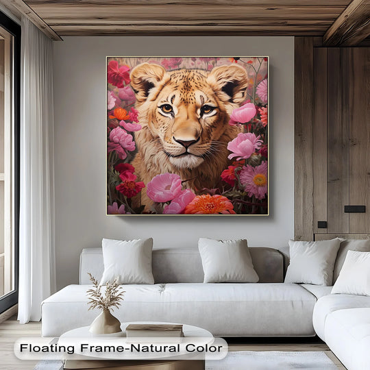 With remarkable color saturation, the 'Wild Grace Among Blossoms' animal canvas print showcases a vibrant lion surrounded by the best canvas prints of lush, pink flowers.