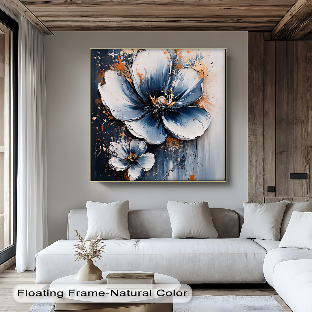 Electric Midnight Bloom – Blue and White Abstract Floral Canvas Print