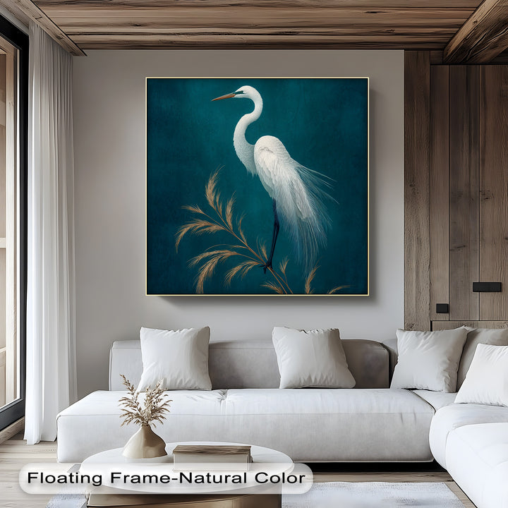 Cool-toned elegant white heron canvas pictures art with a teal backdrop and golden reeds offers a serene, minimalist bird aesthetic.