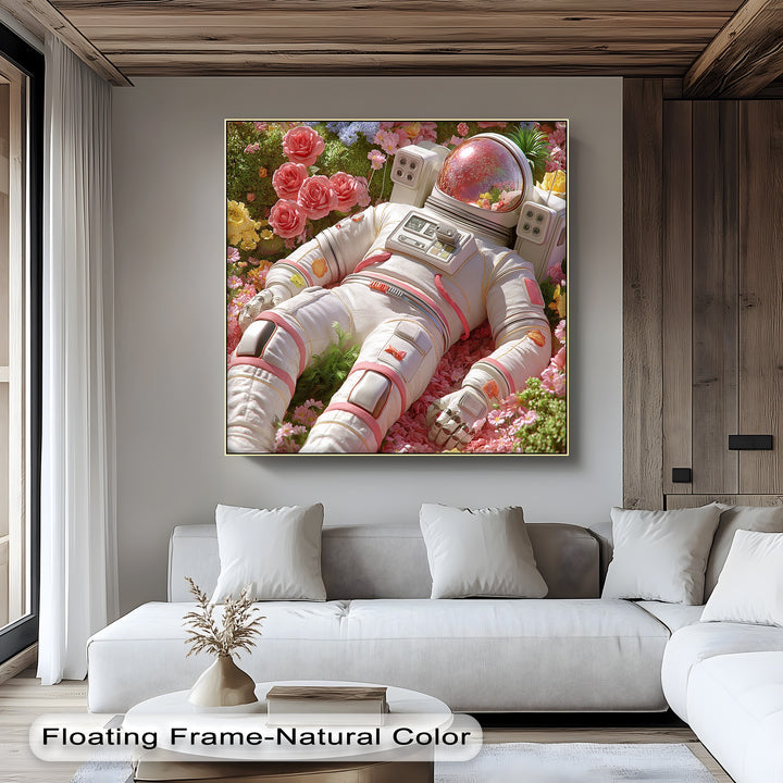 Astronaut Resting in a Garden of Flowers - Pink Canvas Print