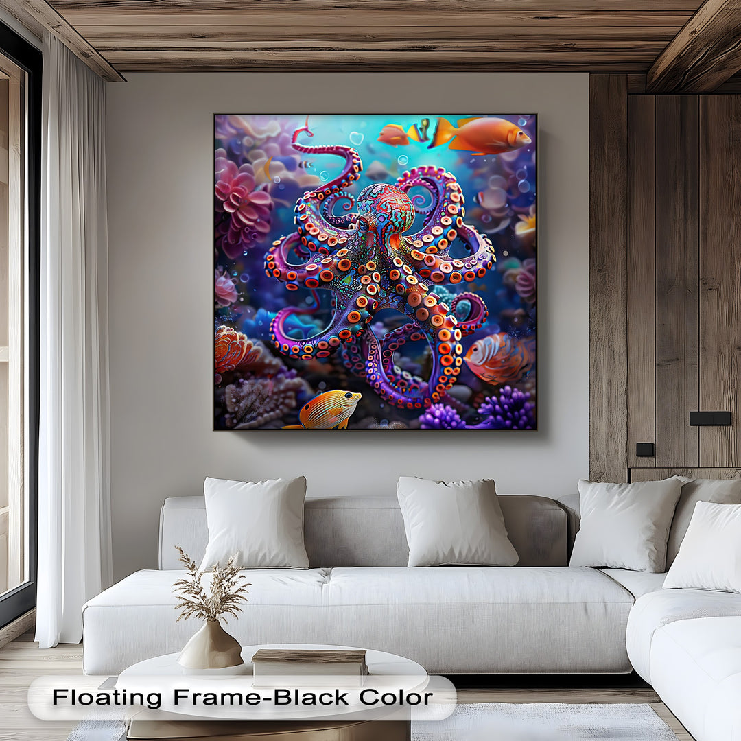 The realistic detail of this vibrant octopus canvas painting reveals intricate patterns and vivid tropical fish amidst a colorful coral reef.