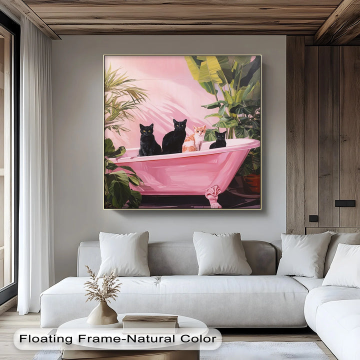 Four Cats in a Pink Bathtub – Playful Botanical Canvas Print - MyPhotoStation